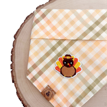 Load image into Gallery viewer, chestnut gingham with turkey patch dog bandana