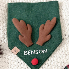 Load image into Gallery viewer, pine green personalized reindeer dog bandana