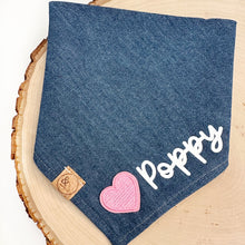 Load image into Gallery viewer, light pink denim hearts personalized dog bandana