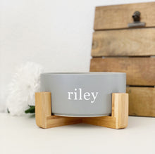 Load image into Gallery viewer, fossil grey modern ceramic dog bowl with wooden stand