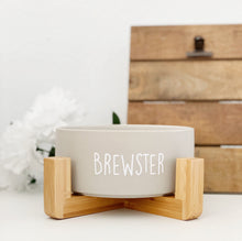 Load image into Gallery viewer, grey stone modern ceramic dog bowl with wooden stand