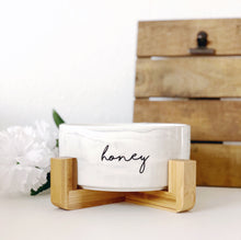 Load image into Gallery viewer, grey marble modern ceramic dog bowl with wooden stand