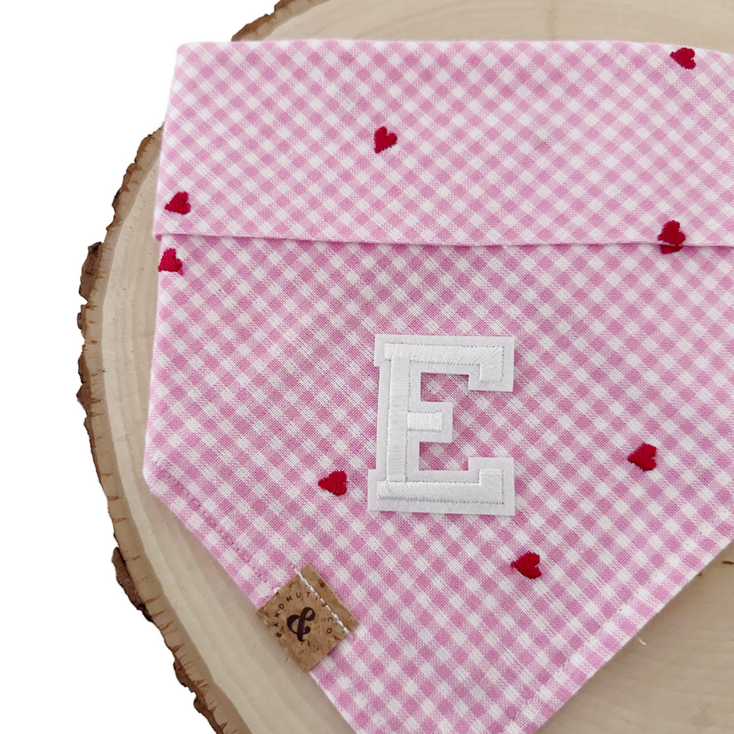 pink gingham embroidered hearts letterman dog bandana