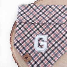 Load image into Gallery viewer, charmed blush flannel letterman dog bandana
