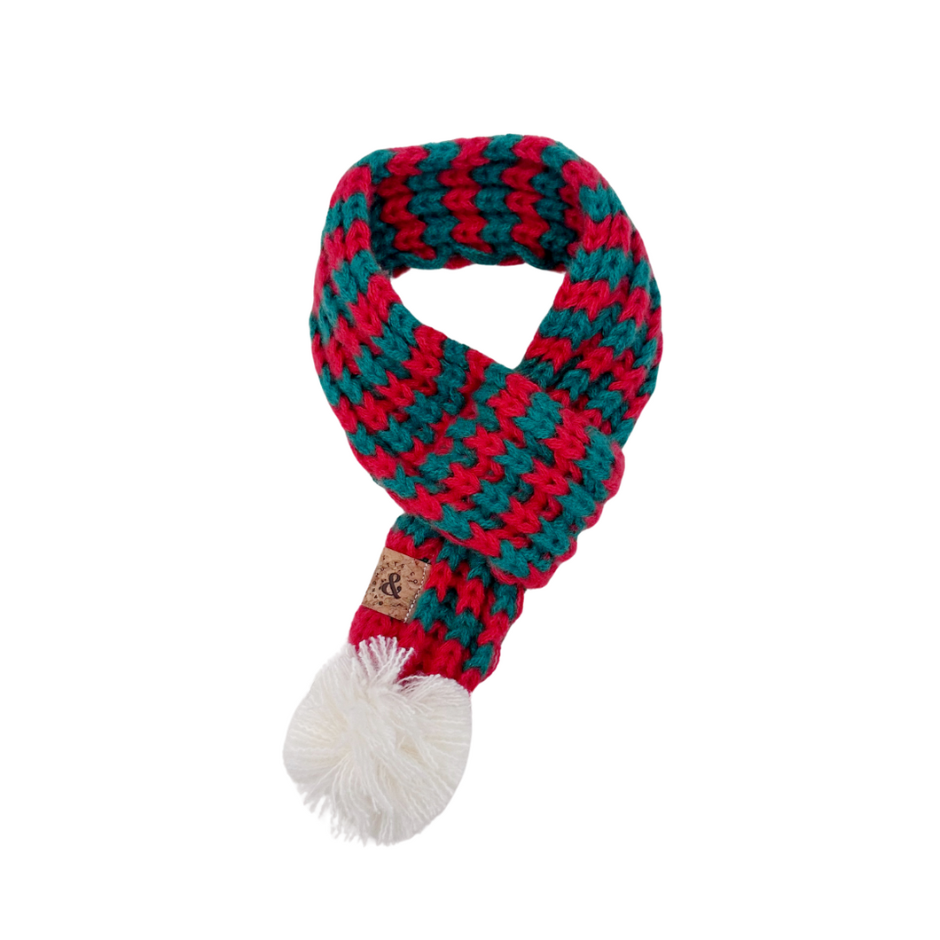 green and red knitted dog scarf