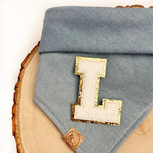 light denim white varsity sherpa letterman dog bandana (XS, S, S/M, M)