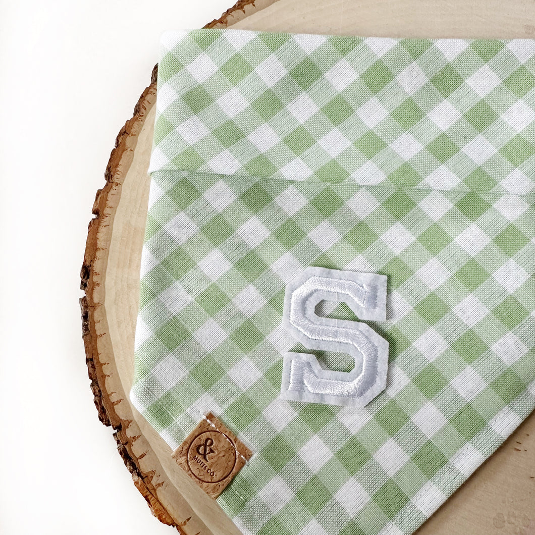 green apple gingham letterman dog bandana