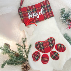 personalized red plaid paw stocking