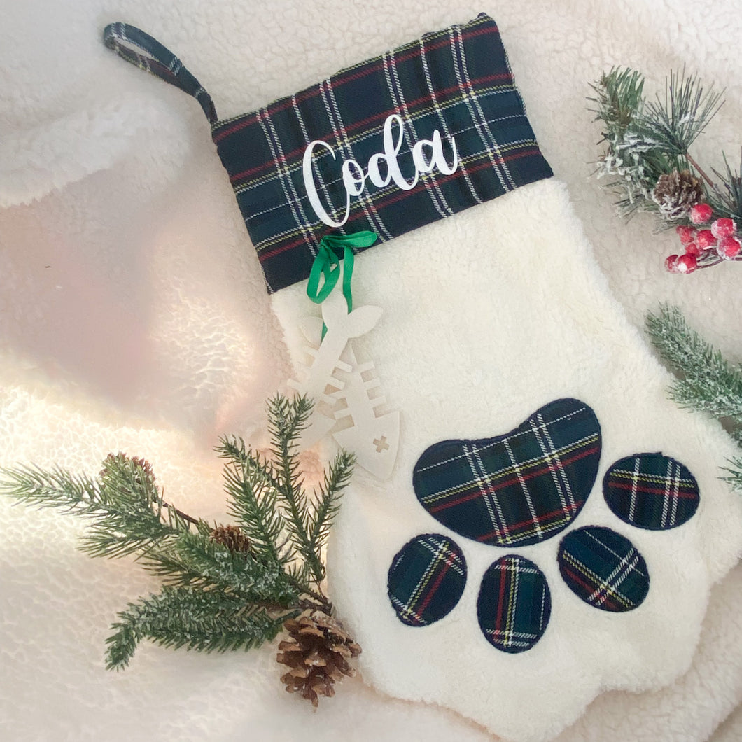 personalized green plaid paw stocking
