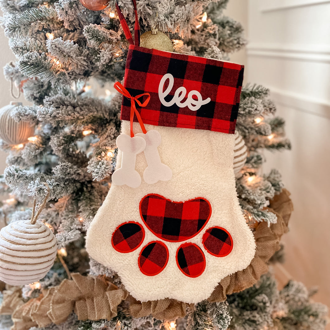 red buffalo plaid paw stocking