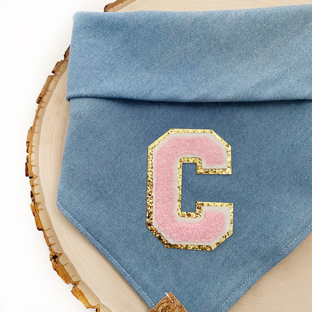 light denim pink varsity sherpa letterman dog bandana (XS, S, S/M, M)