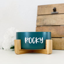 Load image into Gallery viewer, sea green modern ceramic dog bowl with wooden stand
