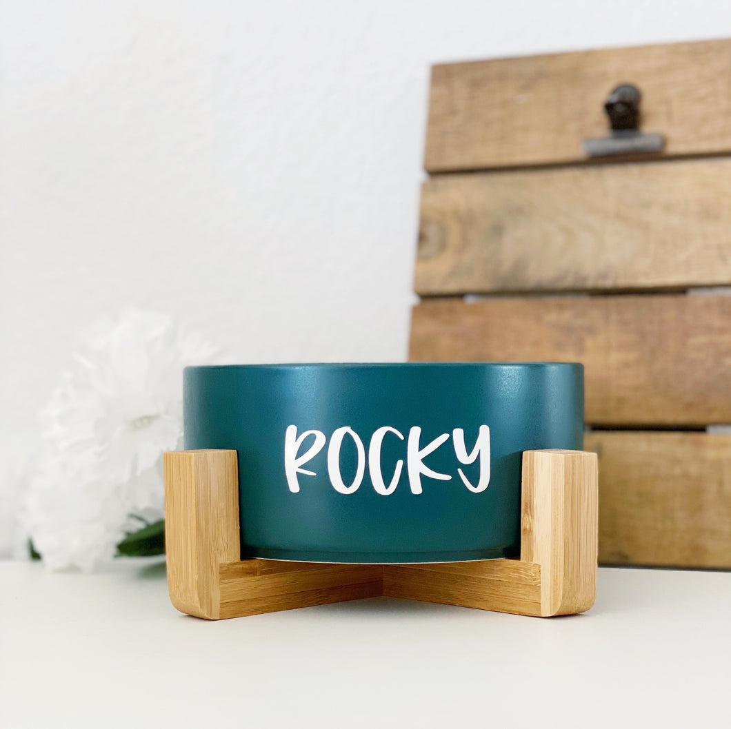 sea green modern ceramic dog bowl with wooden stand