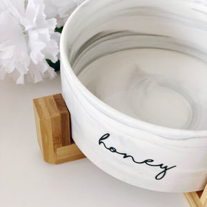 grey marble modern ceramic dog bowl with wooden stand
