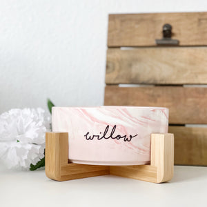 rosé pink marble modern ceramic dog bowl with wooden stand