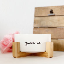 Load image into Gallery viewer, harmony white modern ceramic dog bowl with wooden stand
