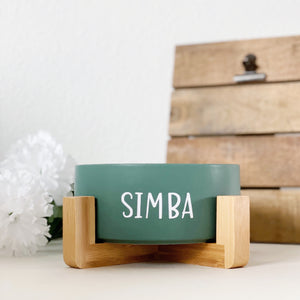sage green modern ceramic dog bowl with wooden stand