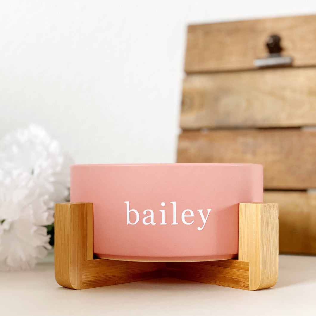 rosé pink modern ceramic dog bowl with wooden stand
